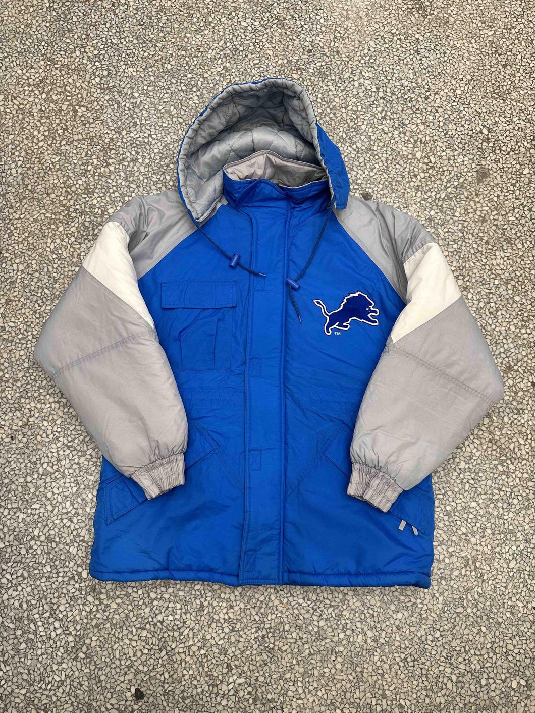 Detroit Lions Vintage 90s Logo 7 Hooded Puffer Jacket Blue Grey ABC Vintage 