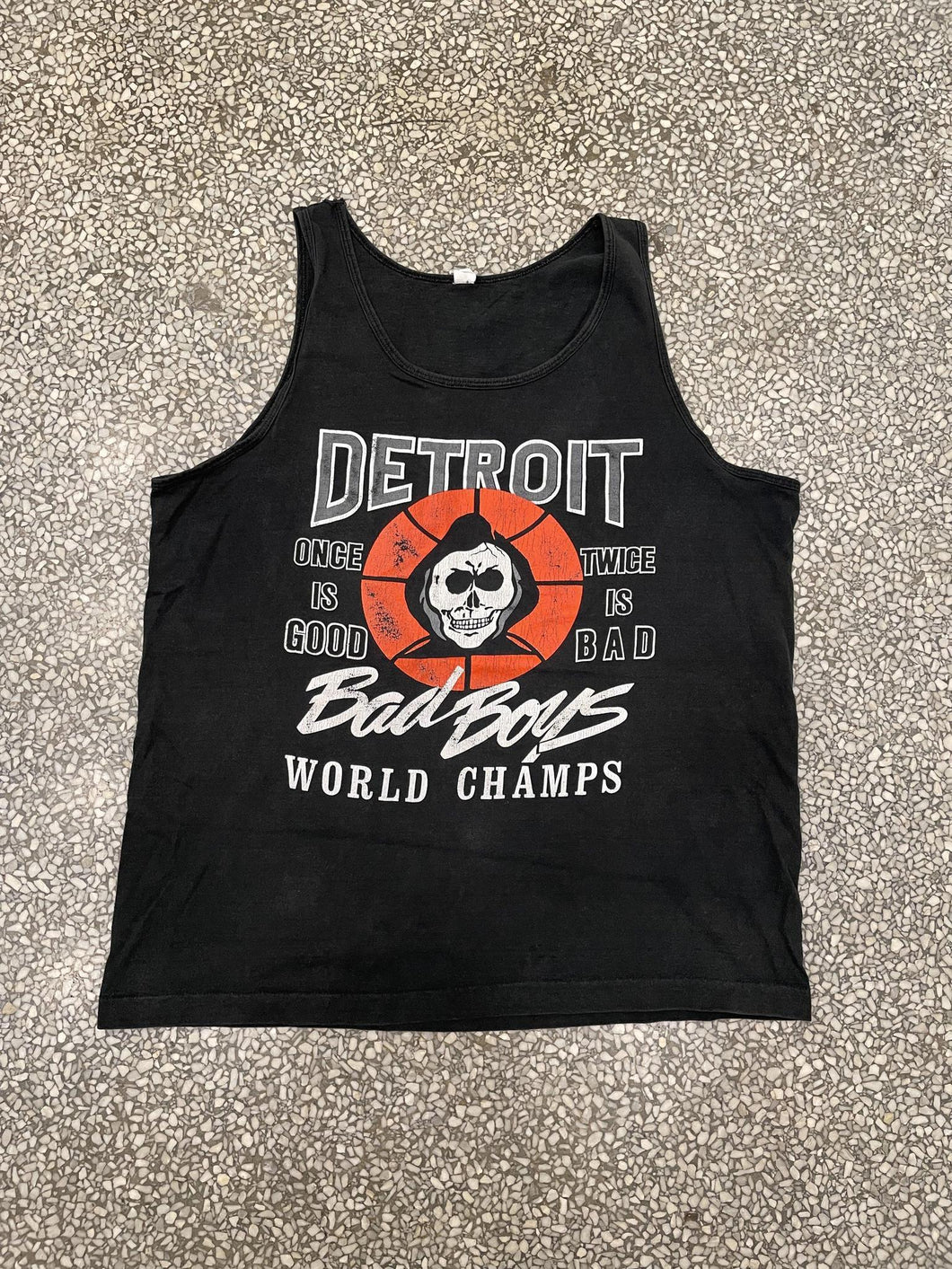 Detroit Pistons Bad Boys Once Is Good, Twice is Bad World Champs Spooky Bootleg Skeleton Logo Tank Top ABC Vintage 