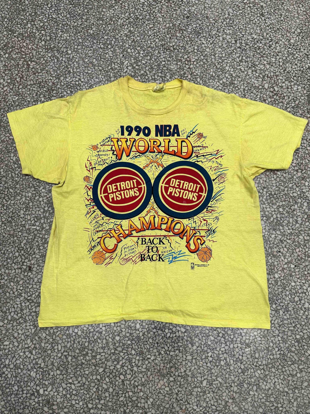 Detroit Pistons Vintage 1990 NBA World Champions Back To Back Overdyed Yellow ABC Vintage 