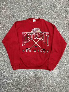 Detroit Red Wings Vintage 1992 Cross Hockey Sticks Crewneck Faded Red ABC Vintage 