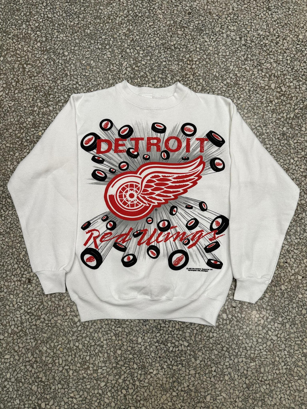 Detroit Red Wings Vintage 1993 Multi Hockey Pucks Crewneck White ABC Vintage 
