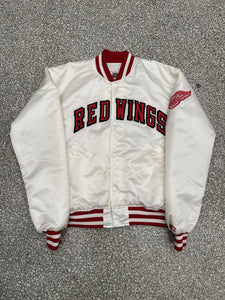 Detroit Red Wings Vintage 90s Tackle Twill Spell Out Satin Bomber Jacket Cream ABC Vintage 