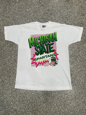 Michigan State Vintage 1990 Spartans Pow Neon Green Pink Tee White ABC Vintage 