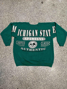Michigan State Vintage 80s Cross Shoulder Script Crest Hanes Crewneck Faded Green ABC Vintage 