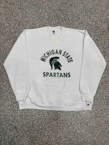Michigan State Vintage 90s Chenille Spartans Russell Crewneck Faded White ABC Vintage 