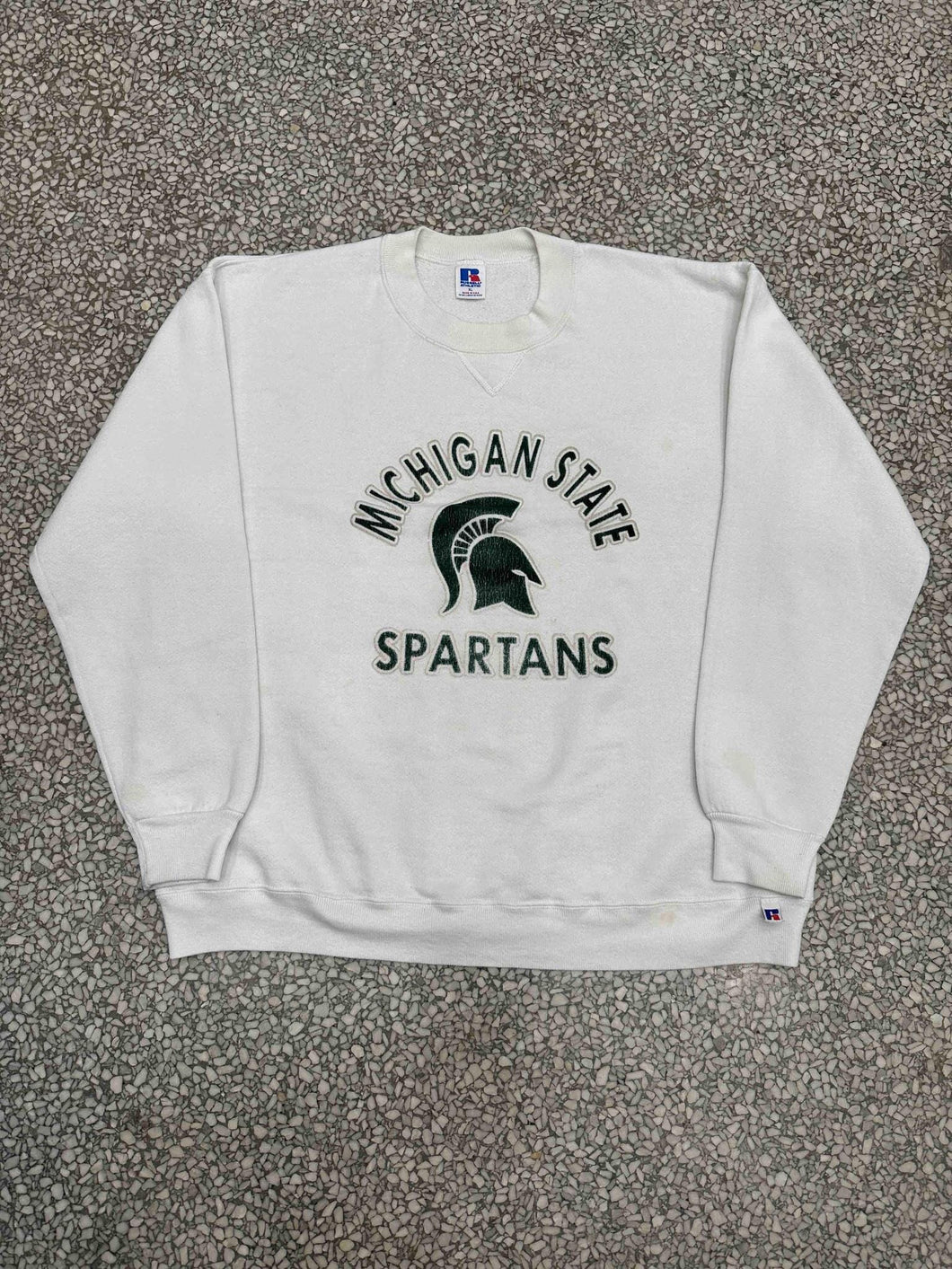 Michigan State Vintage 90s Chenille Spartans Russell Crewneck Faded White ABC Vintage 