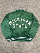 Load image into Gallery viewer, Michigan State Vintage 90s Faux Fur Satin Bomber Jacket Kelly Green ABC Vintage 