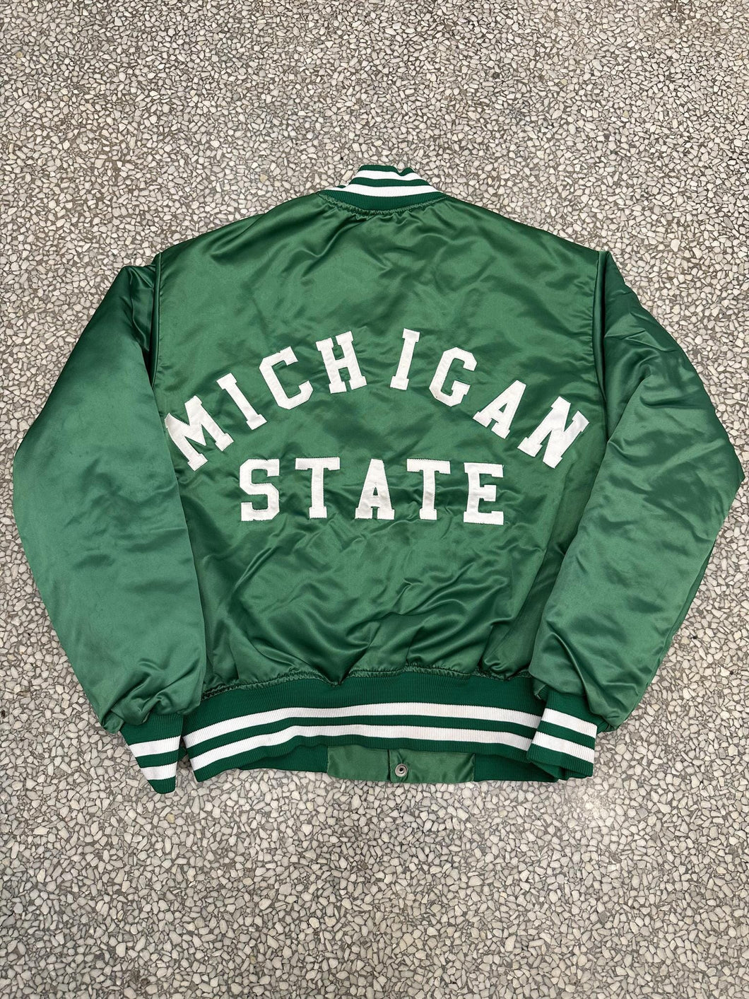 Michigan State Vintage 90s Faux Fur Satin Bomber Jacket Kelly Green ABC Vintage 