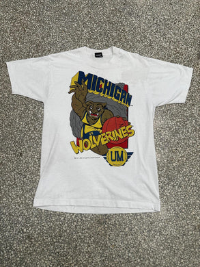 Michigan Wolverines Basketball Vintage 1991 Cartoon Graphic Faded White ABC Vintage 