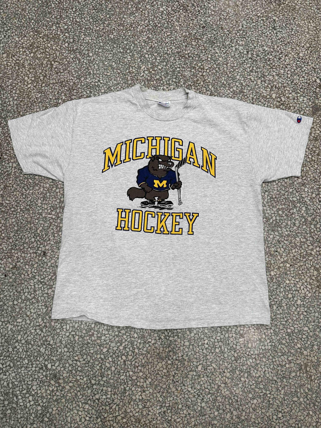 Michigan Wolverines Hockey Vintage 90s Cartoon Champion Tee Grey ABC Vintage 