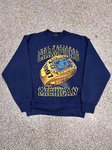 Michigan Wolverines Vintage 1997 National Champions Ring Crewneck Faded Navy ABC Vintage 