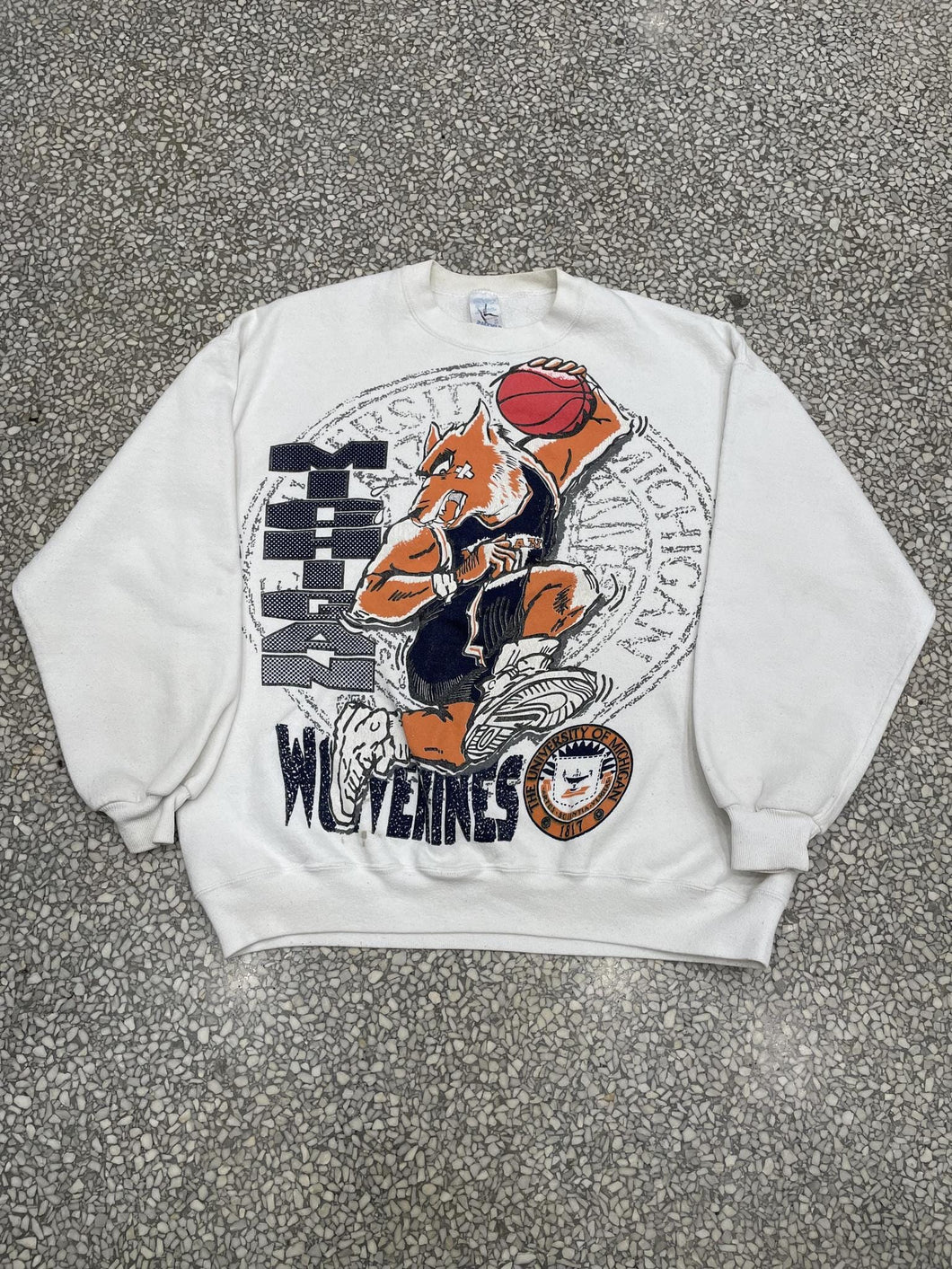 Michigan Wolverines Vintage 90s Basketball Crewneck Faded White ABC Vintage 