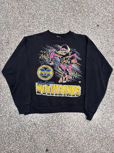Michigan Wolverines Vintage 90s Football Player Neon Colors Crewneck Faded Black ABC Vintage 