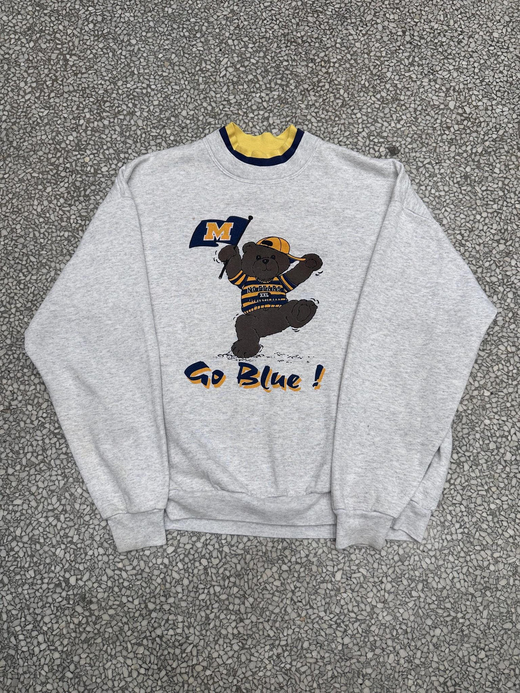 Michigan Wolverines Vintage 90s No Fear Bear Go Blue Triple Neck Crewneck Grey ABC Vintage 