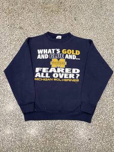 Michigan Wolverines Vintage 90s What's Gold And Blue And...Feared All Over? Crewneck Faded Navy ABC Vintage 
