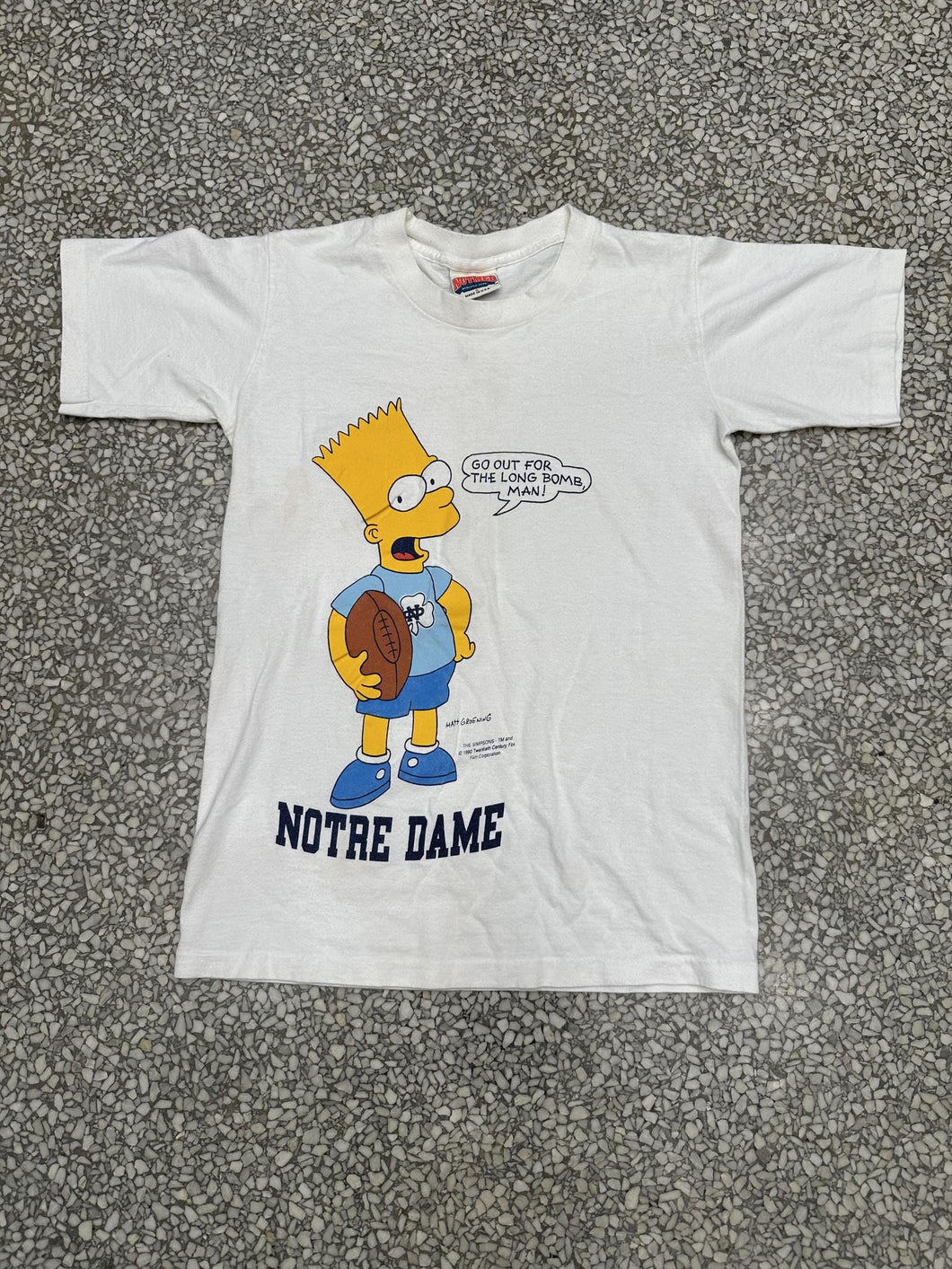 Notre Dame Vintage 90s Bart Simpson Go Out For The Long Bomb Man Faded White ABC Vintage 
