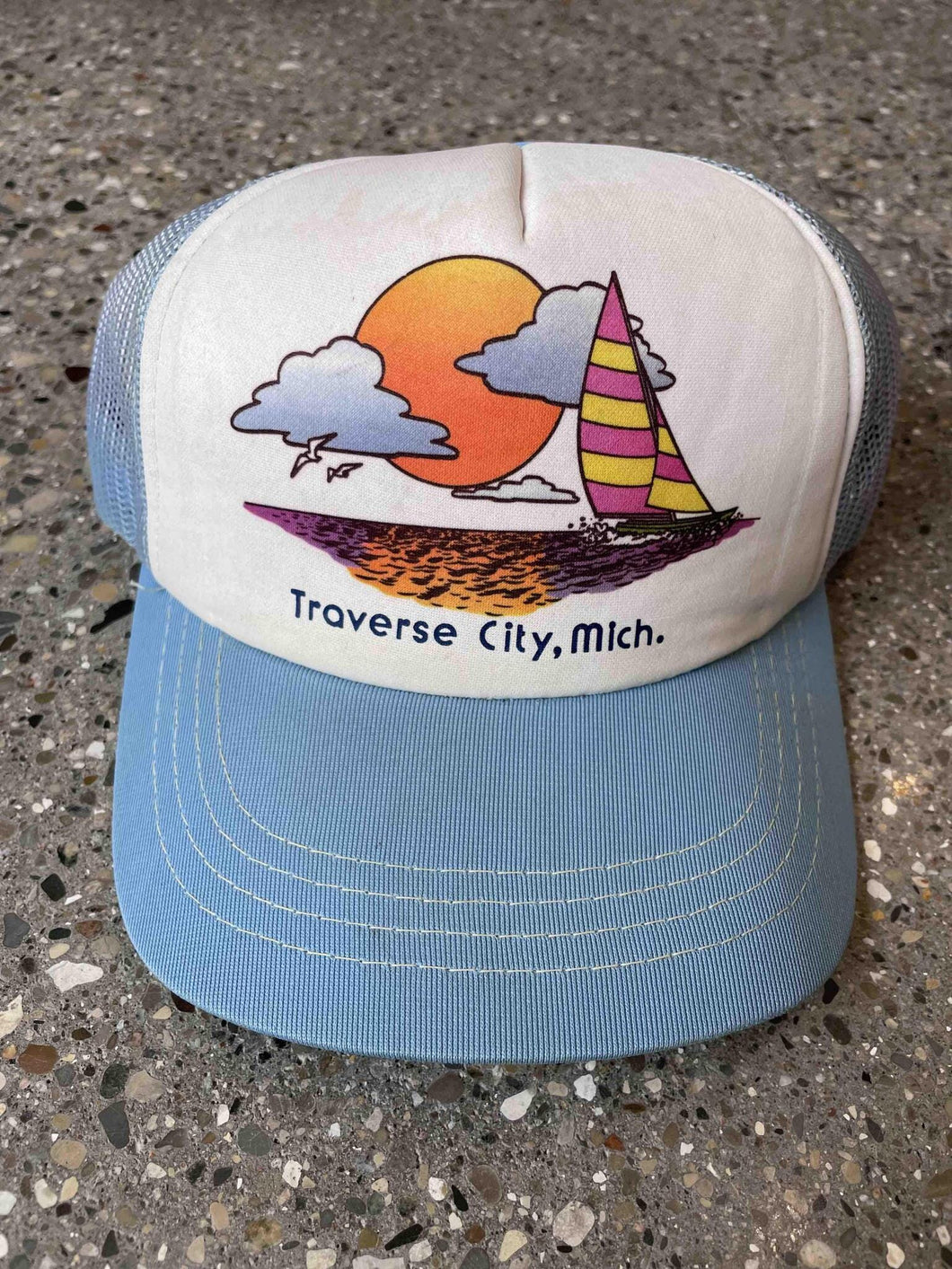 Traverse City Vintage Trucker Hat White Baby Blue ABC Vintage 